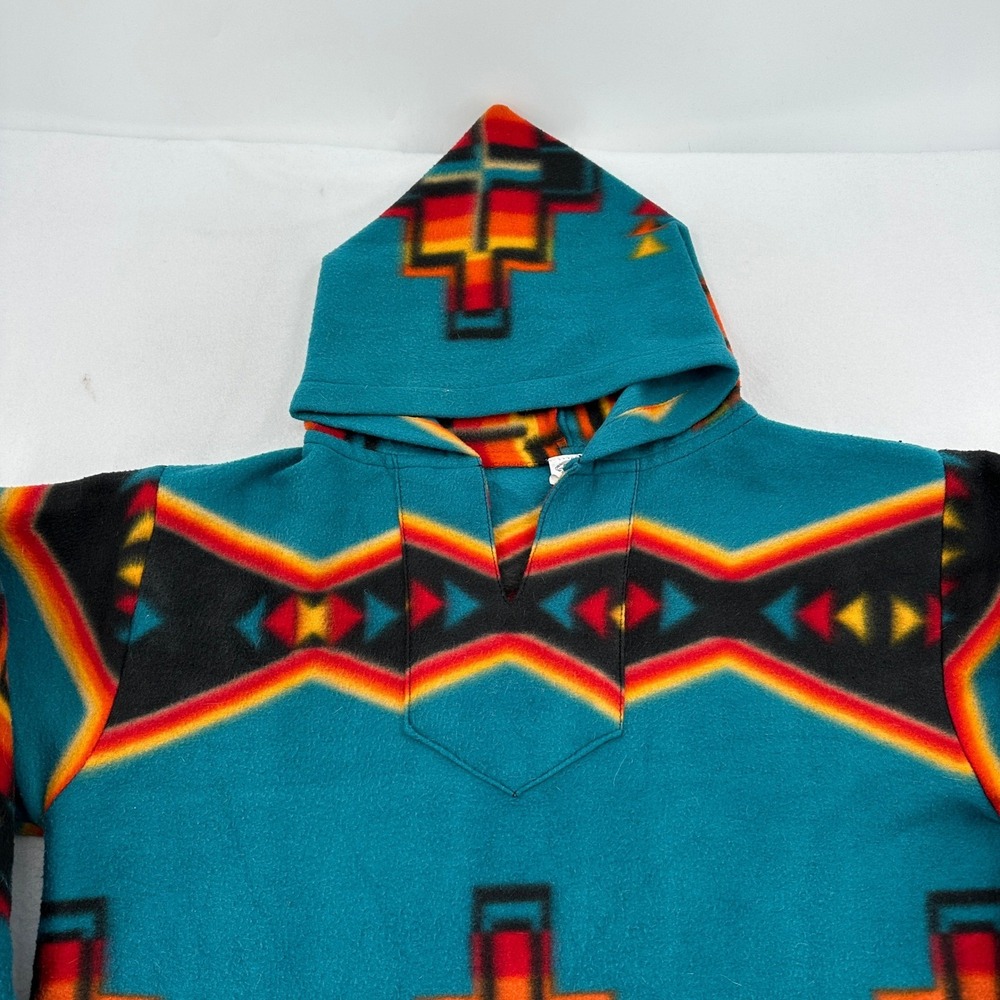 El Paso Saddleblanket Co Fleece Hoodie Southwestern Teal Geometric Women Large - Picture 2 of 8